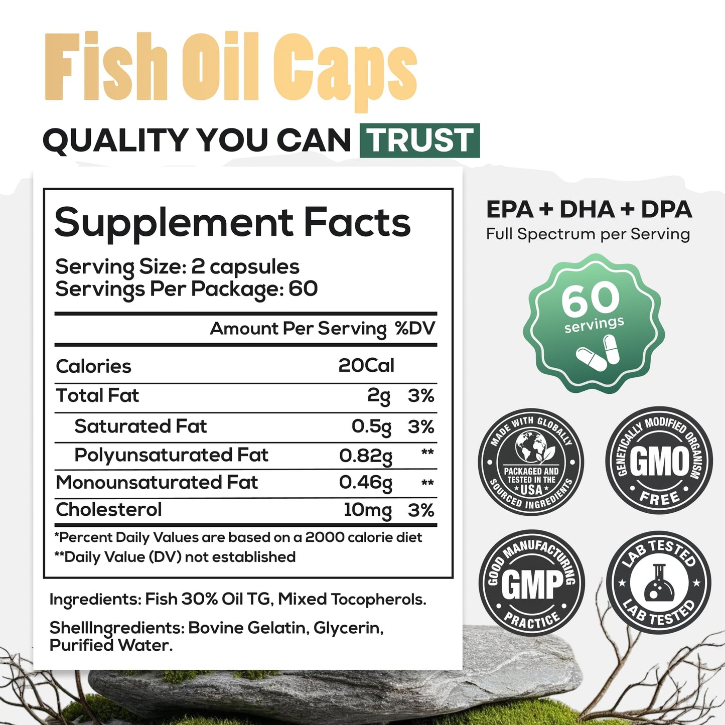Wild Foods Fish Oil Omega 3 Supplements | 1600 mg | Highly-Potent: DPA, DHA, EPA | Burpless, Odorless, Non-GMO, Gluten Free | For Brain & Heart Health, Joint Support | 60 Capsules (1 pk) | 30 Servings