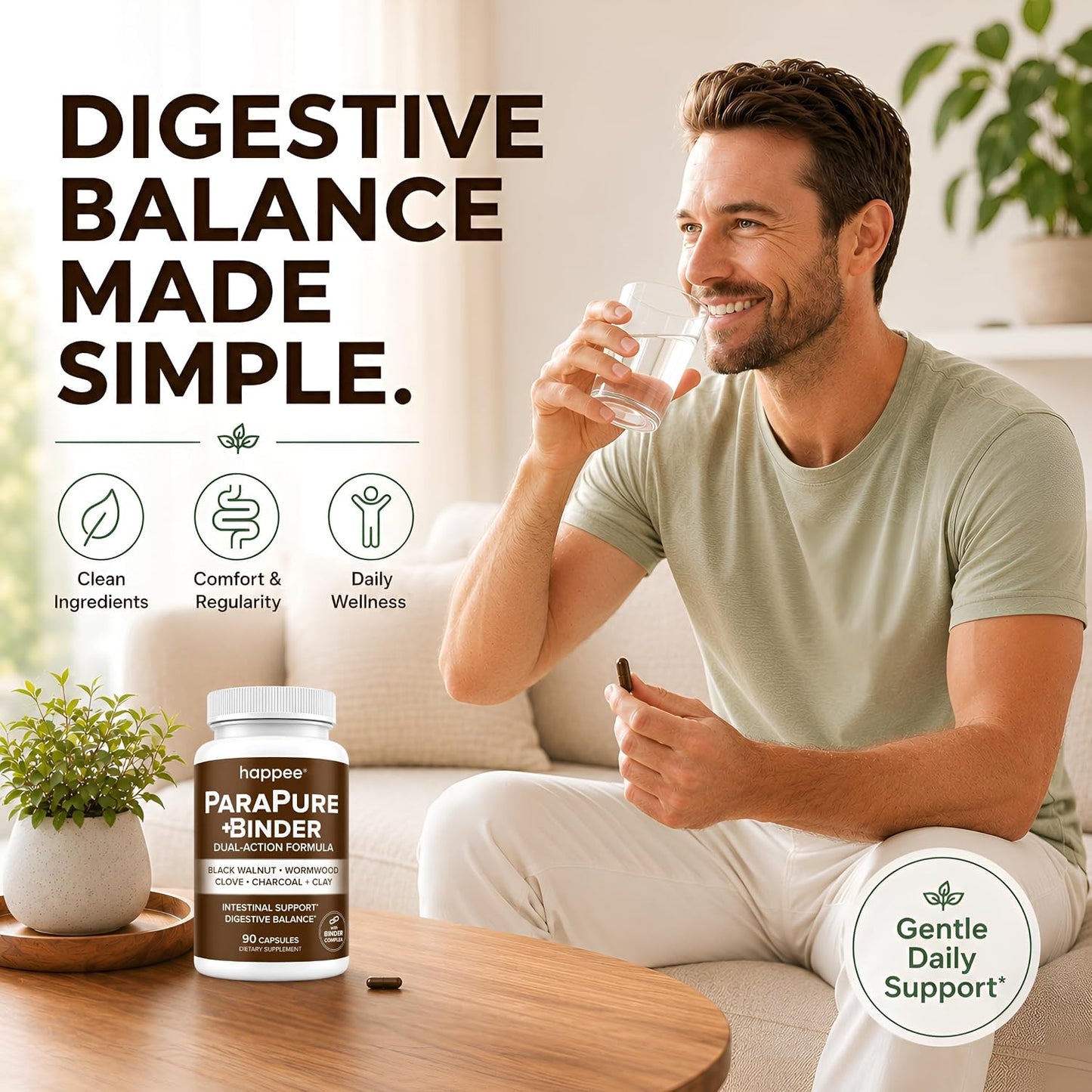 Happee ParaPure Cleanse with Binder for Humans, Intestinal Support, 2-in-1 | Wormwood, Black Walnut, Clove with Charcoal Binder for Digestive Balance (No Stack Needed) 90 Capsules
