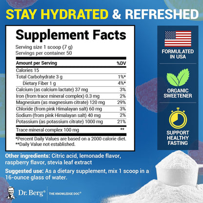 Dr. Berg Zero Sugar Hydration Keto Electrolyte Powder - Enhanced w/ 1000 mg of Potassium & Real Pink Himalayan Salt (NOT Table Salt) - Raspberry & Lemon Flavor Hydration Drink Supplement, 100 Servings
