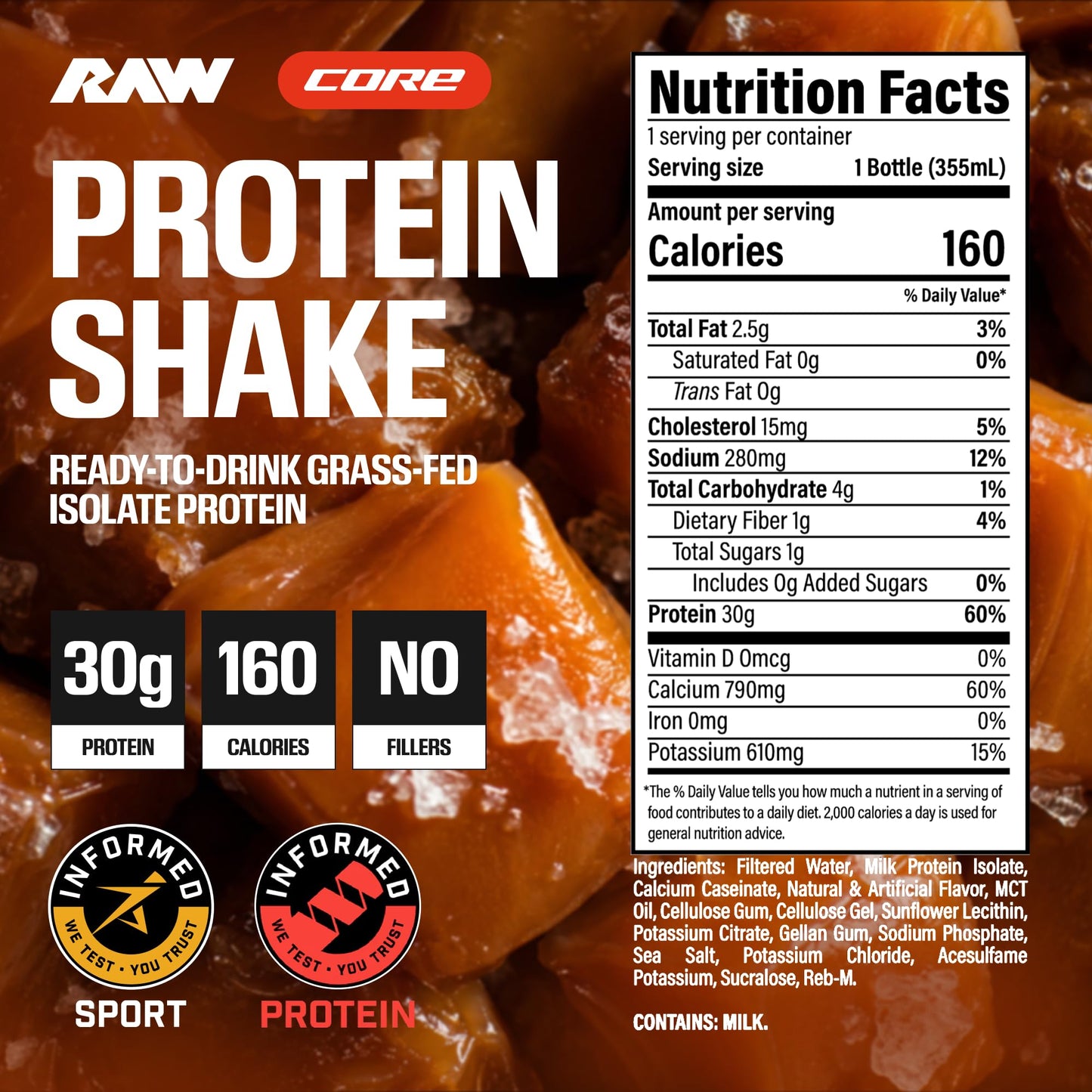 RAW Ready-to-Drink Protein Shake, Strawberry - RTD Protein Drinks with Grass-Fed Whey Protein Isolate for Post-Workout - Zero-Sugar & Gluten-Free Meal Replacement Drink & Breakfast Shake, 12 Fl Oz