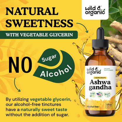 Wild & Organic Ashwagandha Drops - Mood Support & Positive Energy - 500 mg Ashwagandha for Women & Men - Add to Tea Liquid Extract for Relaxation - Non-GMO, Sugar & Alcohol-Free Tincture - 4 fl oz
