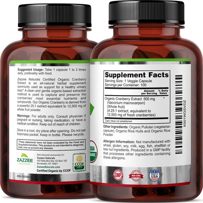 Zazzee USDA Organic Cranberry 25:1 Extract, 12,500 mg Strength, 100 Vegan Capsules