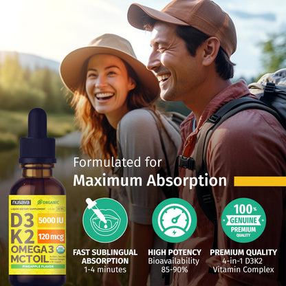 (2 Pack) Organic Vitamin D3 K2 Drops with MCT Oil & Omega 3 - Liquid Vitamin D3 5000 IU - K2 D3 Vitamin Supplement - Vitamin D Drops for Women & Men - No Fillers, Non-GMO, GMP, Unflavored (2 Fl Oz)