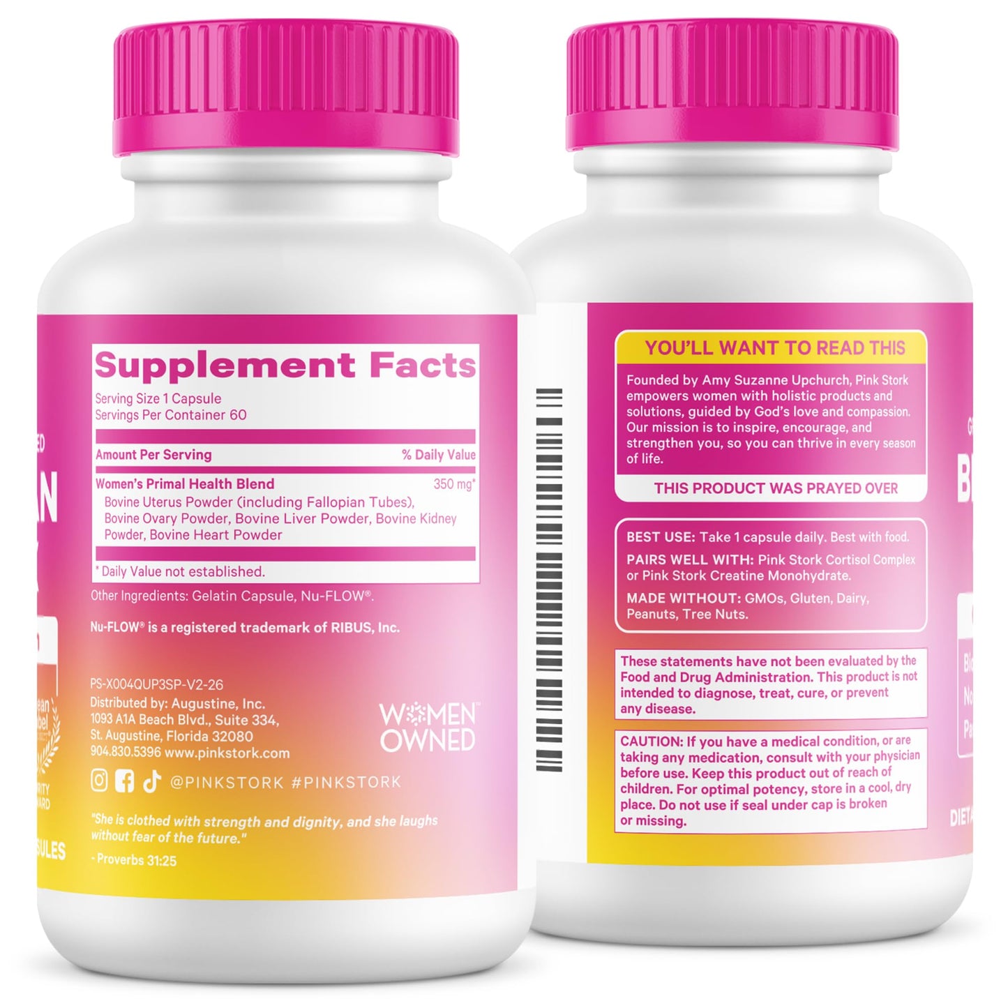 Pink Stork Beef Organ Supplement for Women, Clean Label, 60 Capsules | Grass-Fed Beef Liver Capsules, Iron, B12, CoQ10, Vitamin A, Primal Multivitamin for Hormone + Energy Support