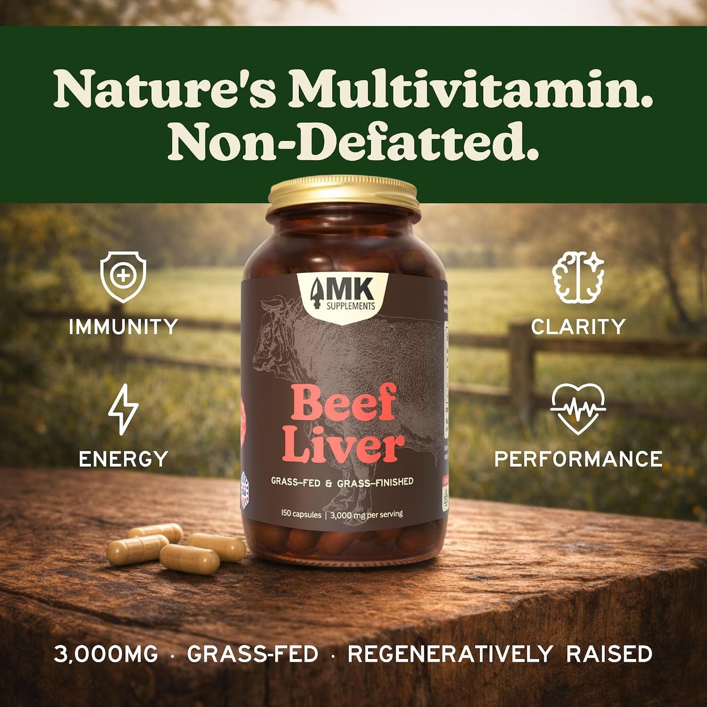 MK Supplements Grass-Fed Desiccated Beef Liver, Non-Defatted, Made in USA | 3,000mg per serving, 150 capsules, 30 servings, freeze-dried, regeneratively raised, amber glass bottle, family owned