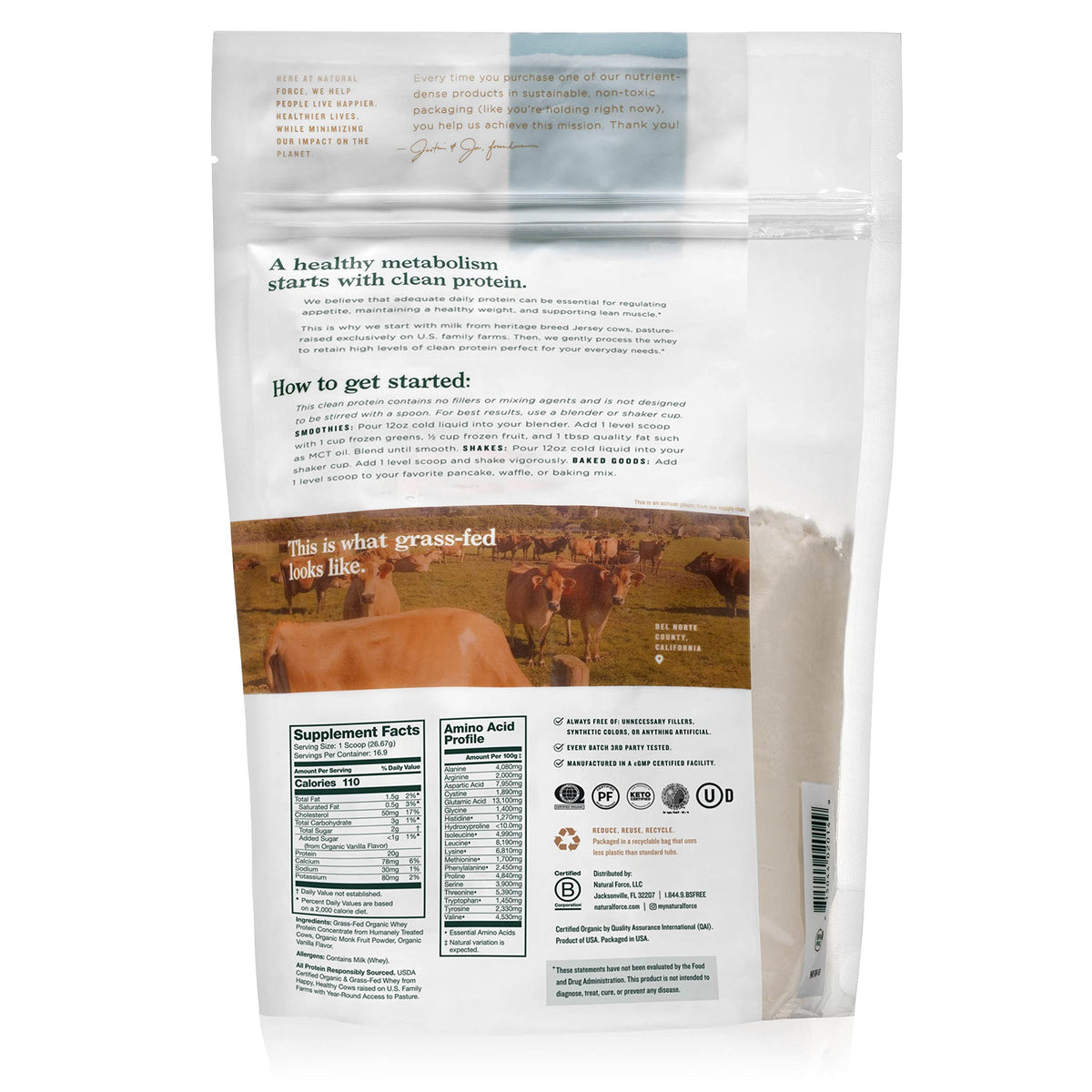 Natural Force Grass Fed Organic Whey Protein Powder – Non GMO Verified, Humane