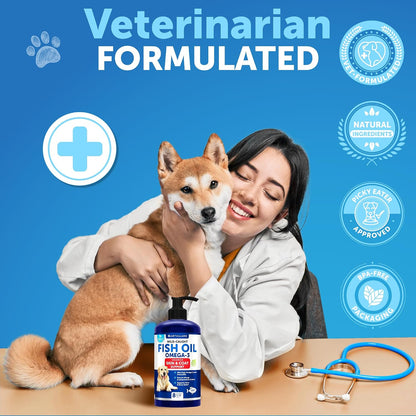 Omega 3 Fish Oil for Dogs - Better Than Salmon Oil - Skin and Coat Defense Liquid Supplement for Allergy Relief - High EPA & DHA for Shedding, Mobility, Itching, Joint & Bone Health Support - 8 FL OZ