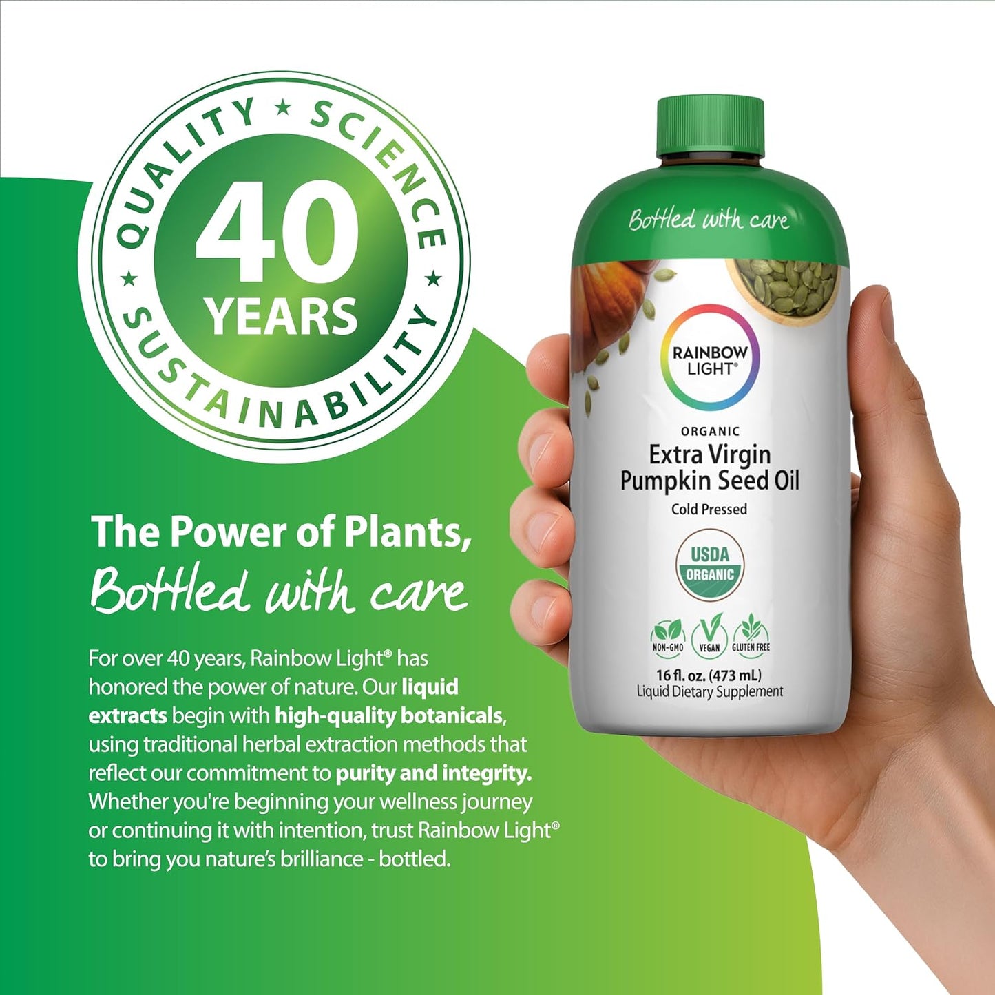Rainbow Light Organic Extra Virgin Pumpkin Seed Oil | 16 Fl Oz | Cold Pressed Liquid Extract | Potent Source of Omega 6 and 9 Fatty Acids | Non-GMO and Gluten Free Supplement