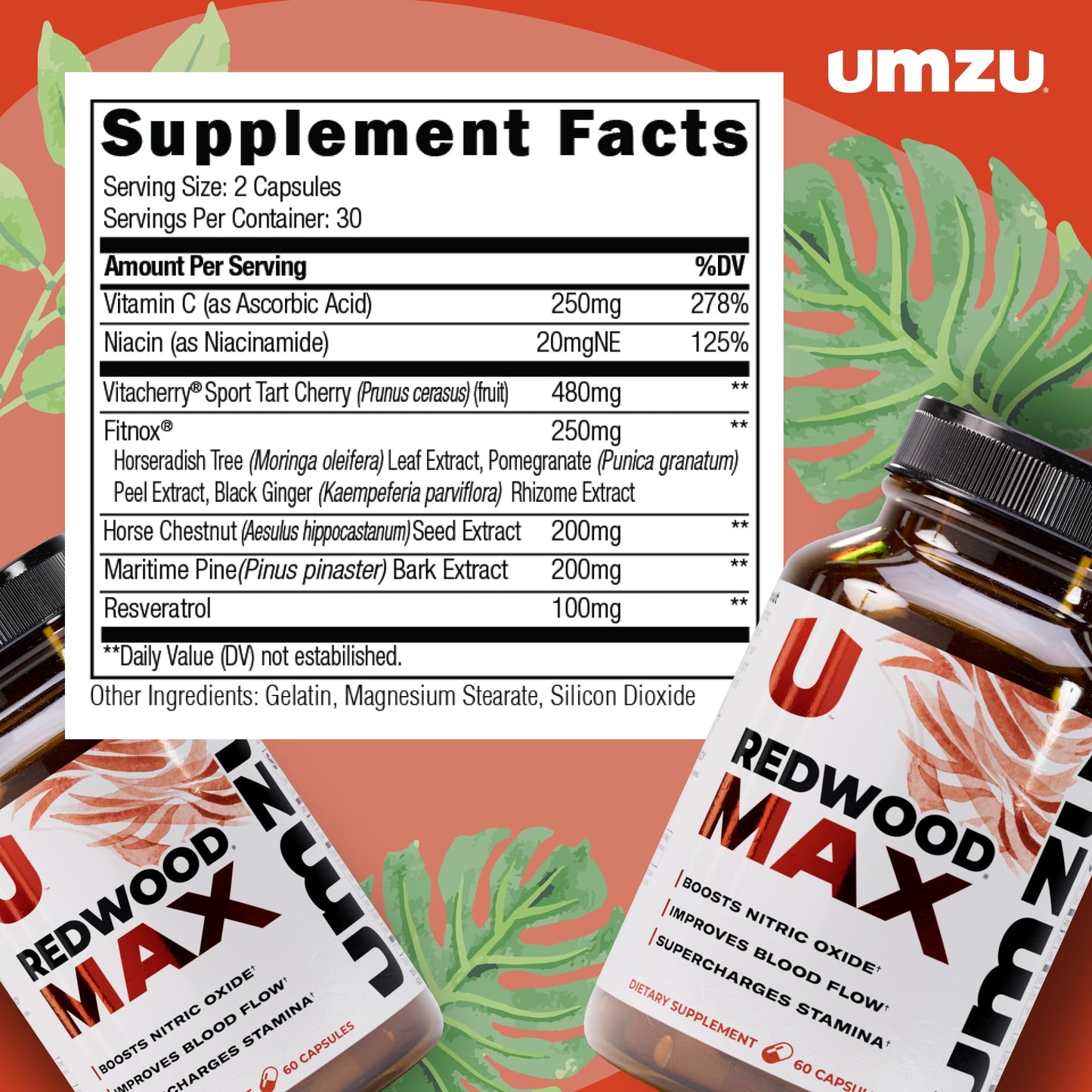 UMZU Redwood Max Nitric Oxide Booster, 1-Month Supply – Advanced Nitric Oxide Supplement with Fitnox Blend, Pine Bark, Resveratrol & Tart Cherry – Promotes Healthy Circulation, Energy and Recovery