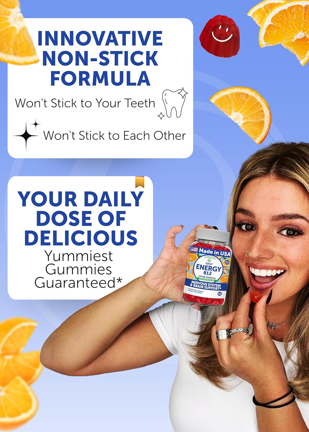 Lunakai USA Made Vegan Energy Gummies – Daily Energy Supplements, 60ct | Non-GMO 3000mcg Vitamin B12 Gummies for Women & Men – for Home or On‑the‑Go Use
