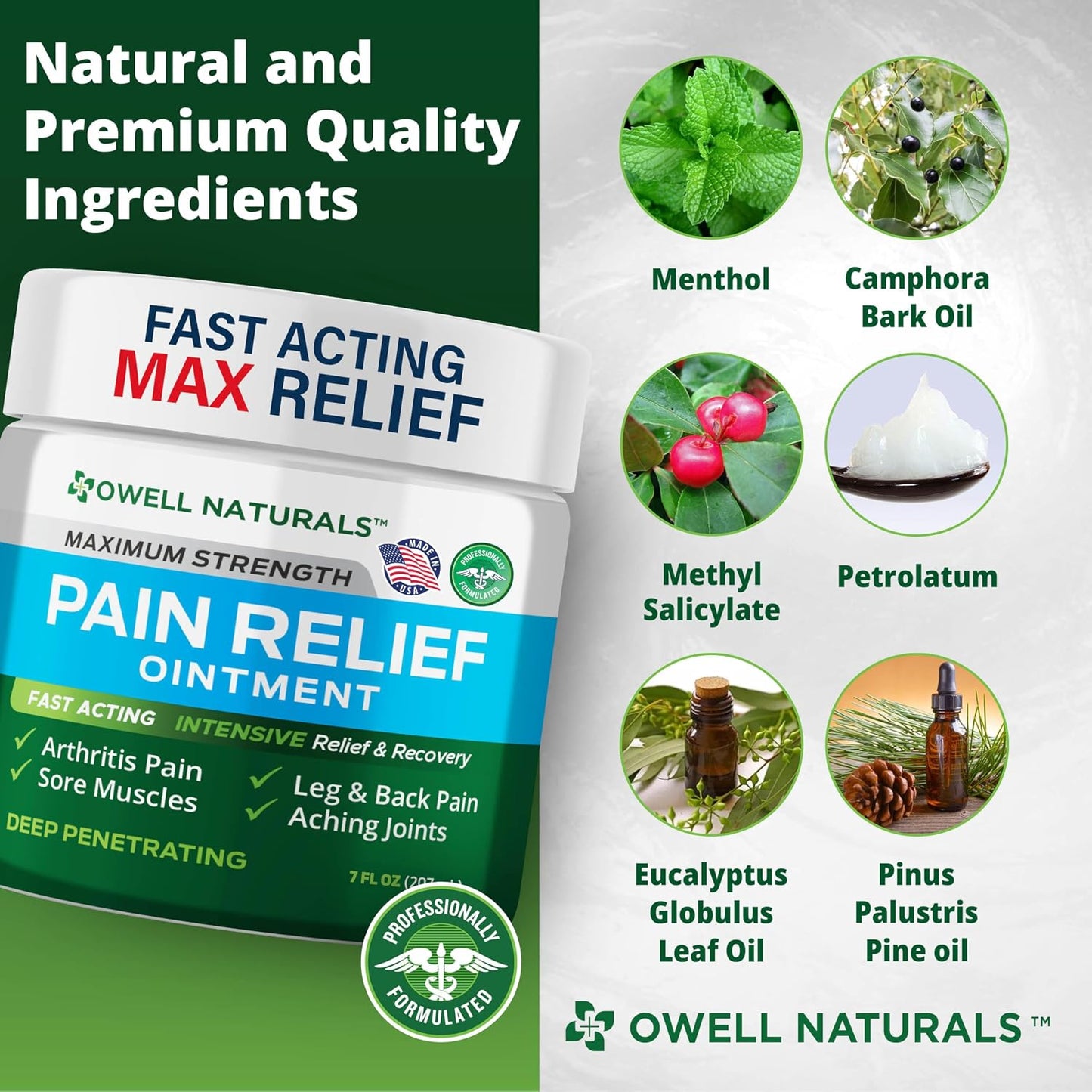 Owell Naturals Deep Penetrating Pain Relief Ointment, Natural Cream Fast Acting Formula for Back, Knee, Joint & Muscle Discomfort, Long-Lasting Soothing Balm, 7 oz