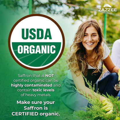 Zazzee USDA Organic Saffron 20:1 Extract, 88.5 mg, 0.3% Safranal, 100 Vegan Capsules, 3+ Month Supply, Concentrated and Standardized 20X Extract, Non-GMO, All-Natural, Made in the USA