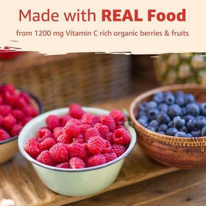 Organic Vitamin C Gummies 120mg for Adults, Sugar Free, Daily Immune Defense, Raw Antioxidant, 100% Whole Food Chewable Vitamin C Supplement from 1200mg Berries & Fruits for Collagen, Vegan, 60 Counts