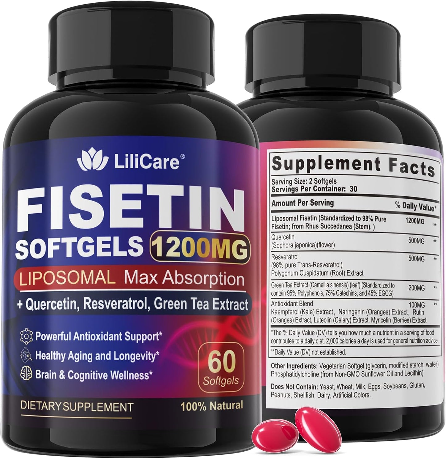 LILICARE Fisetin Supplement - Liposomal Super Absorption 98% Pure 1200mg with Quercetin, Resveratrol, Green Tea Extract for Healthy Aging & Longevity, Skin Health, Brain & Antioxidant - 60 Softgels