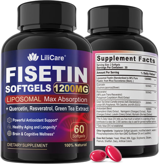 LILICARE Fisetin Supplement - Liposomal Super Absorption 98% Pure 1200mg with Quercetin, Resveratrol, Green Tea Extract for Healthy Aging & Longevity, Skin Health, Brain & Antioxidant - 60 Softgels