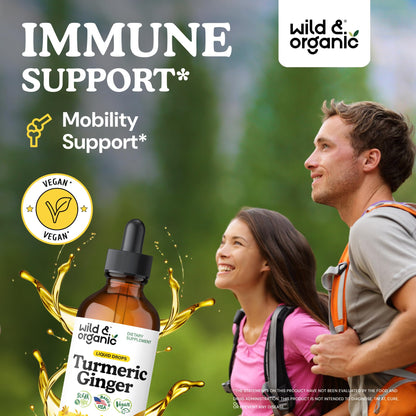 Wild & Organic Turmeric and Ginger Supplement - Movement & Immune Support - Liquid Turmeric Curcumin with Black Pepper and Ginger - Add to Tea Drops - Vegan, Sugar & Alcohol-Free Tincture - 4 oz