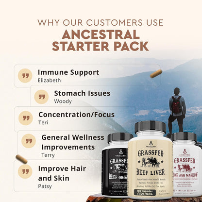 Ancestral Supplements Starter Pack, Grass Fed Beef Liver, Organ, Bone and Marrow Capsules, Non-GMO