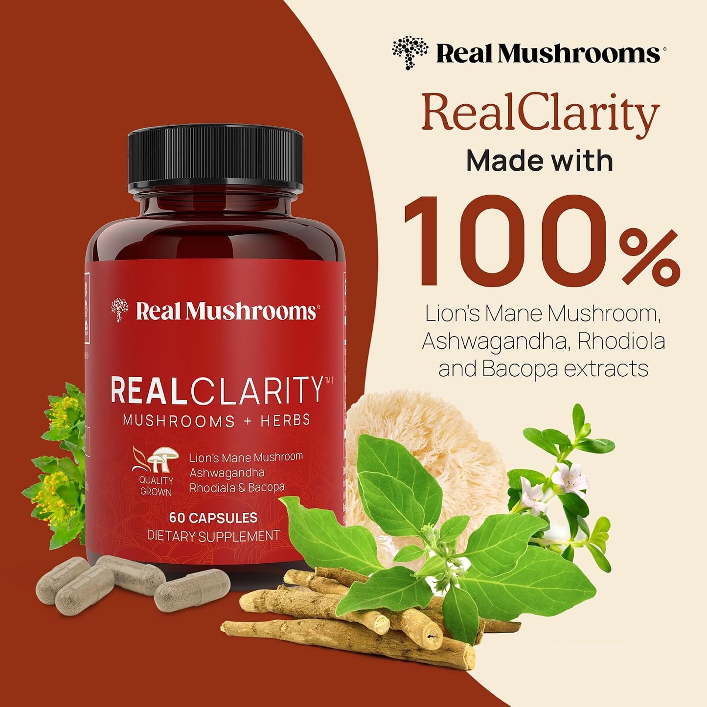 Real Mushrooms RealClarity (60ct) and Lions Mane (120ct) Capsules Bundle - Mushroom Supplement for Brain Health, Mental Clarity, Focus, Cognition & Immune Support - Brain Vitamins w/Ashwagandha