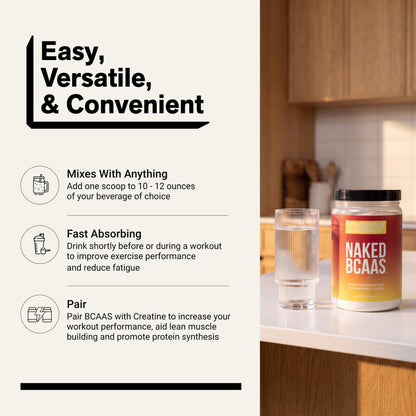 NAKED BCAAs Amino Acids Powder, Only 1 Ingredient, Pure 2:1:1 Formula, Vegan Unflavored Branched Chain Amino Acids, Instantized All Natural BCAA Supplement - 500 Grams, 100 Servings