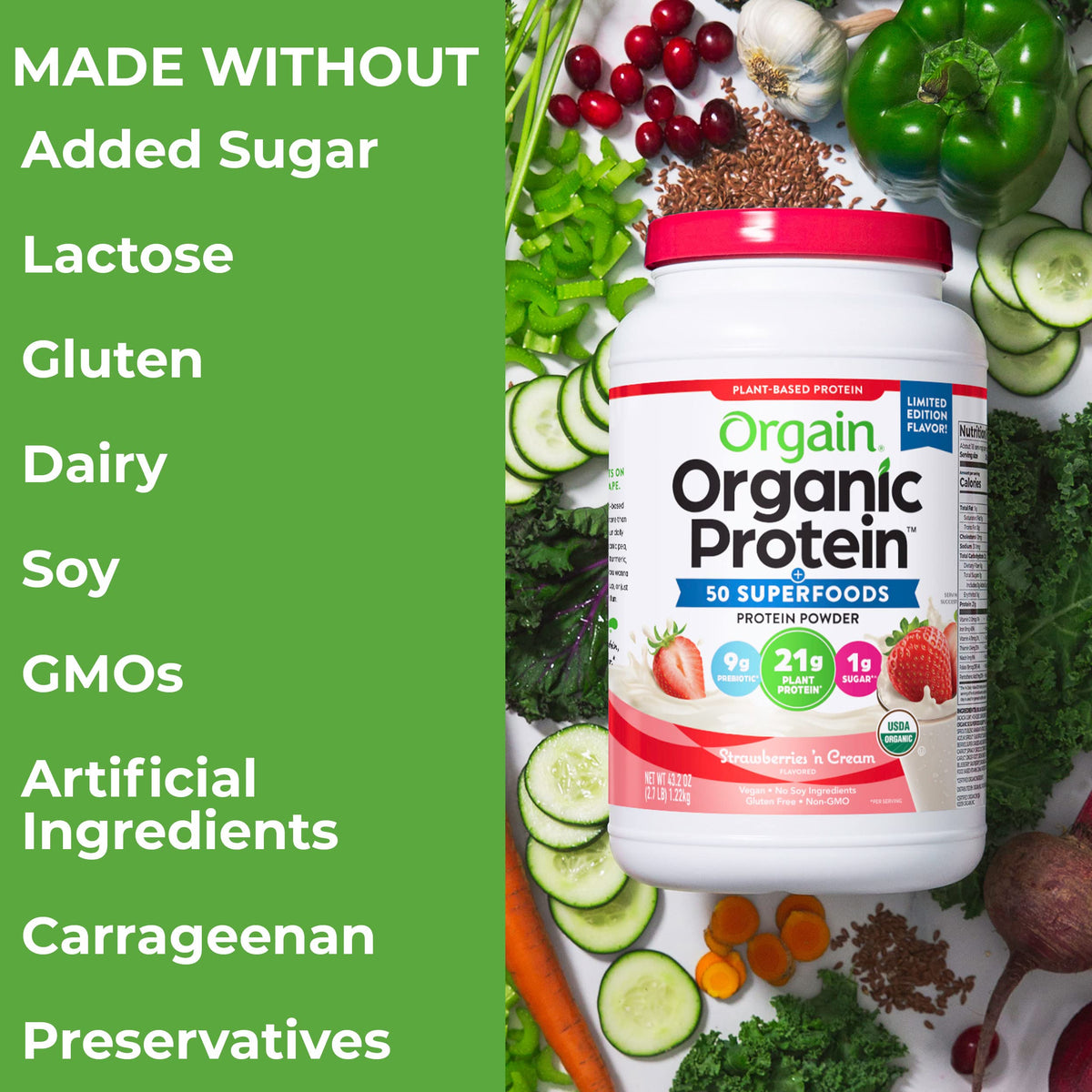 Orgain Organic Vegan Protein Powder + 50 Superfoods, Strawberries and Cream