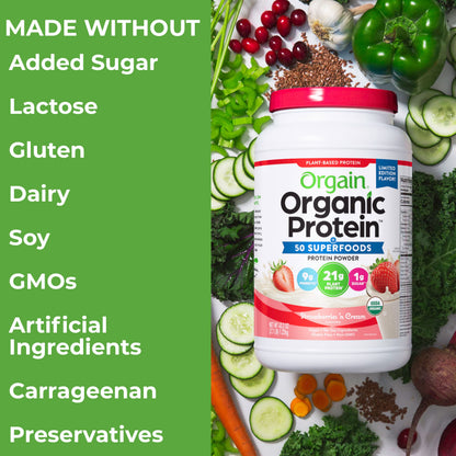 Orgain Organic Vegan Protein Powder + 50 Superfoods, Strawberries and Cream