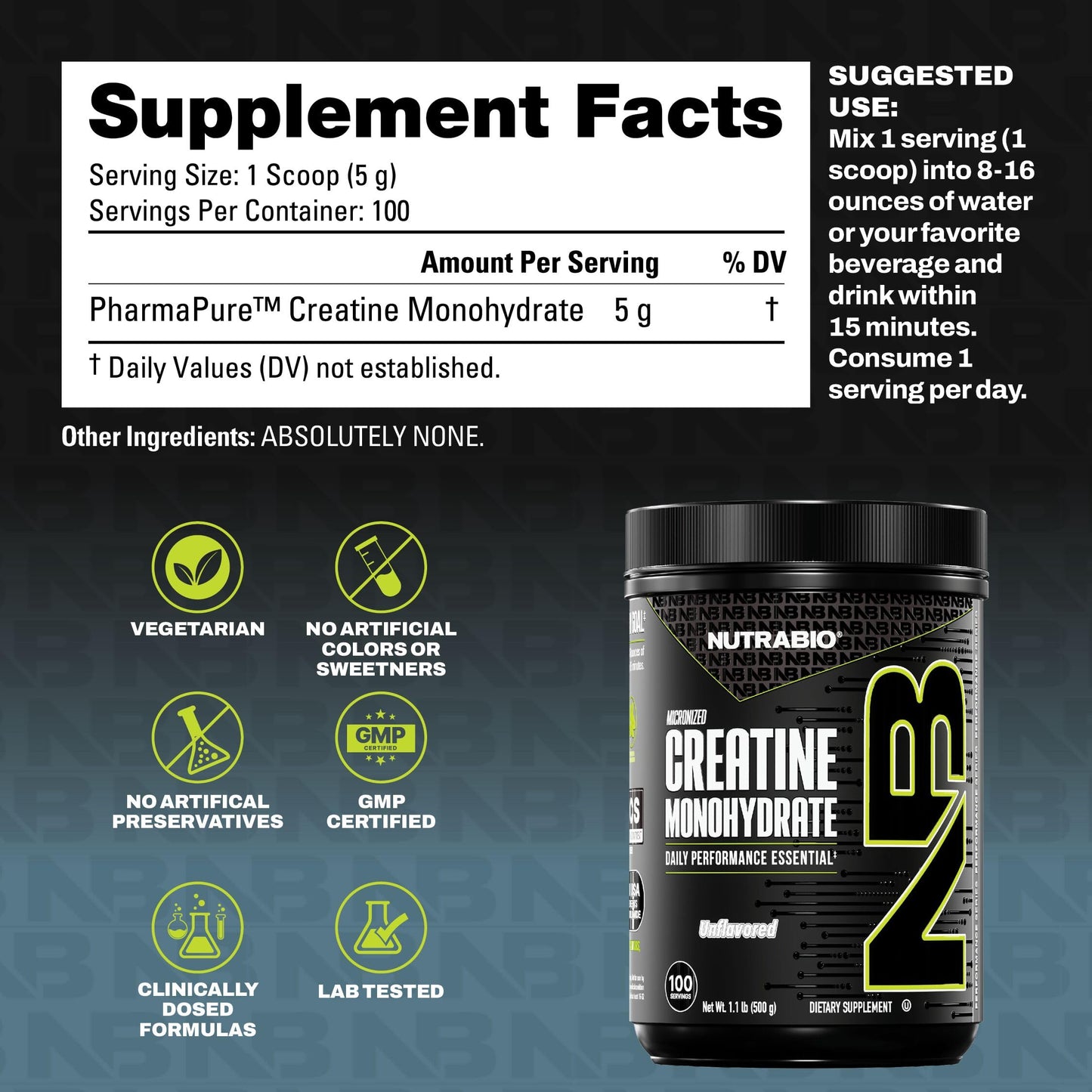 NutraBio Pure Micronized Creatine Monohydrate Powder Supplement, Unflavored, (300 g) - Supports Bulk Muscle Energy, Recovery, and Strength - HPLC Tested Creatine Powder Supplement for Men and Women