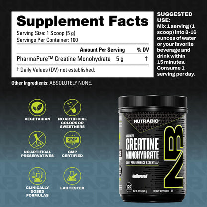 NutraBio Pure Micronized Creatine Monohydrate Powder Supplement, Unflavored, (300 g) - Supports Bulk Muscle Energy, Recovery, and Strength - HPLC Tested Creatine Powder Supplement for Men and Women