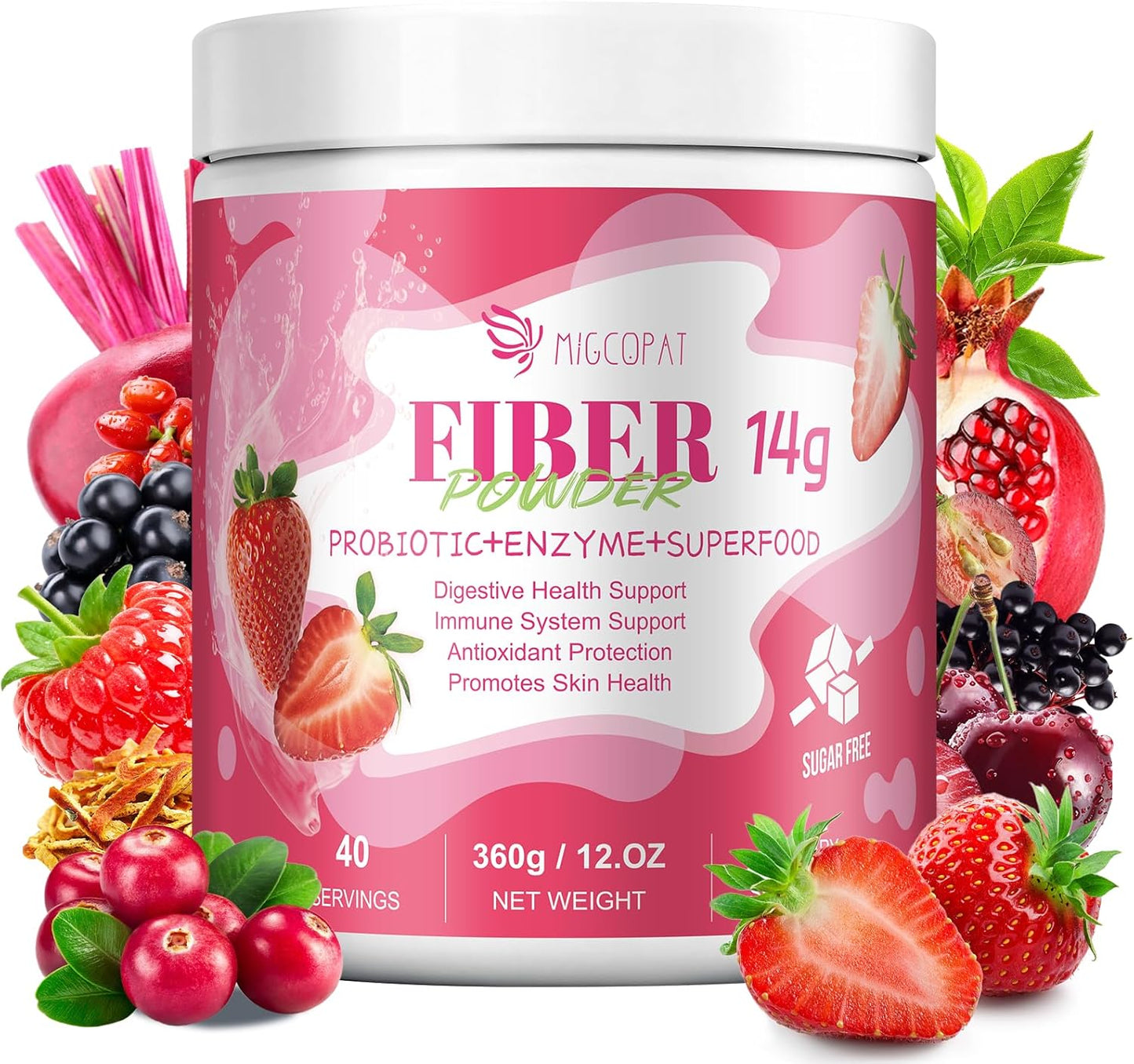 Migcopat Superfood Fiber Powder with Probiotics, Prebiotics, Digestive Enzymes, Vitamin C, Inulin, Magnesium, 14G Fiber Supplement for Digestive Support & Skin Health, Strawberry, 40 Serv.