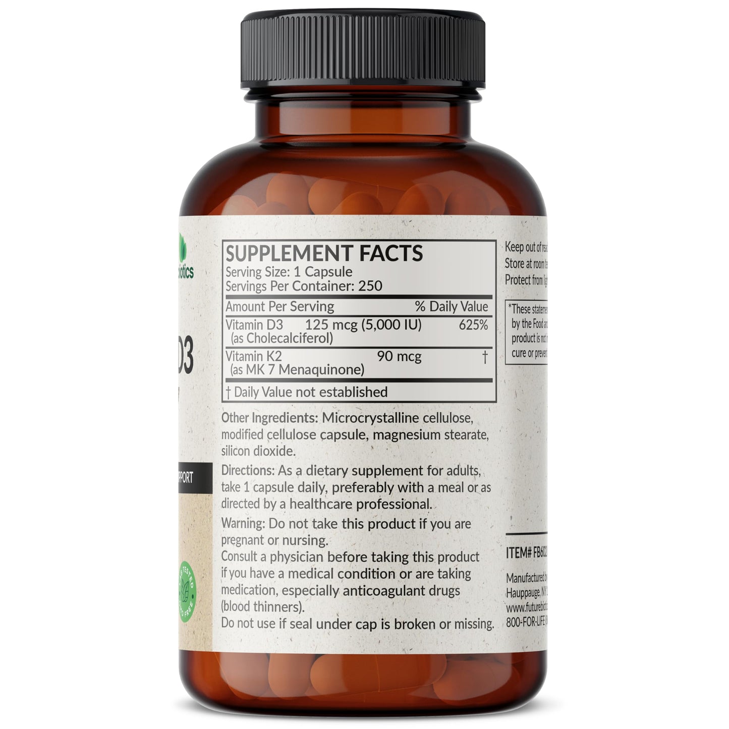 Futurebiotics Vitamin K2 (MK7) with D3 Supplement - Non-GMO Formula - 5000 IU Vitamin D3 & 90 mcg Vitamin K2 MK-7, 120 Vegetarian Capsules