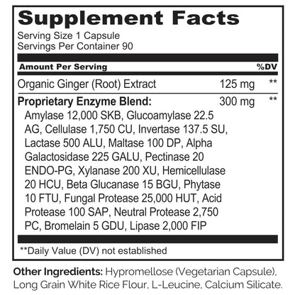 NATURELO Digestive Enzymes - Full Spectrum Support with a Broad Blend of 15 Enzymes Plus Ginger - 90 Vegan Capsules