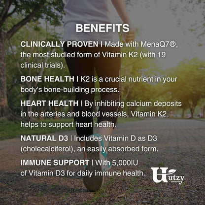 Utzy Naturals Vitamin K2 + D3 | High Dose K2 | 60 Servings