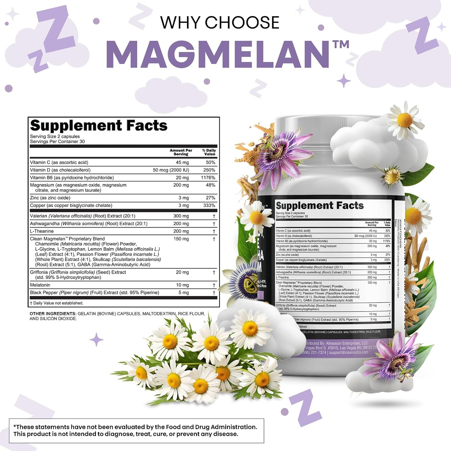 Clean Nutraceuticals Melatonin 10mg Valerian Root L Theanine 200mg Ashwagandha - Sleep Support for Women & Men with Magnesium Complex, Lemon Balm, Chamomile, & Passion Flower - 60 Caps