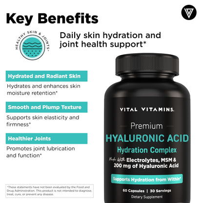 Vital Vitamins Hyaluronic Acid Supplements, 60 Capsules | 200mg Low Molecular Weight HA, Supports Skin Hydration, Elasticity & Joint Comfort, Vegan & Non-GMO