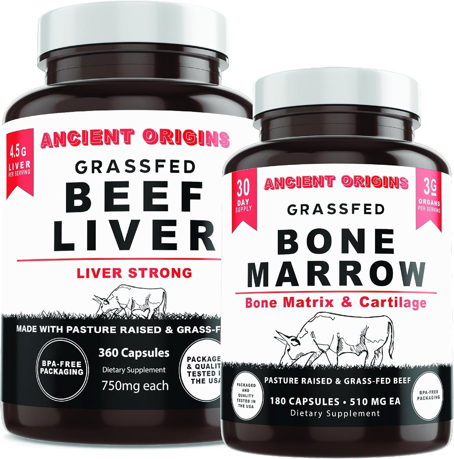 Ancient Origins Grass Fed Beef Liver 360 Capsules, 750 mg Each and Bone Marrow 180 Capsules 510 mg Each