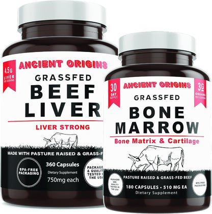 Ancient Origins Grass Fed Beef Liver 360 Capsules, 750 mg Each and Bone Marrow 180 Capsules 510 mg Each