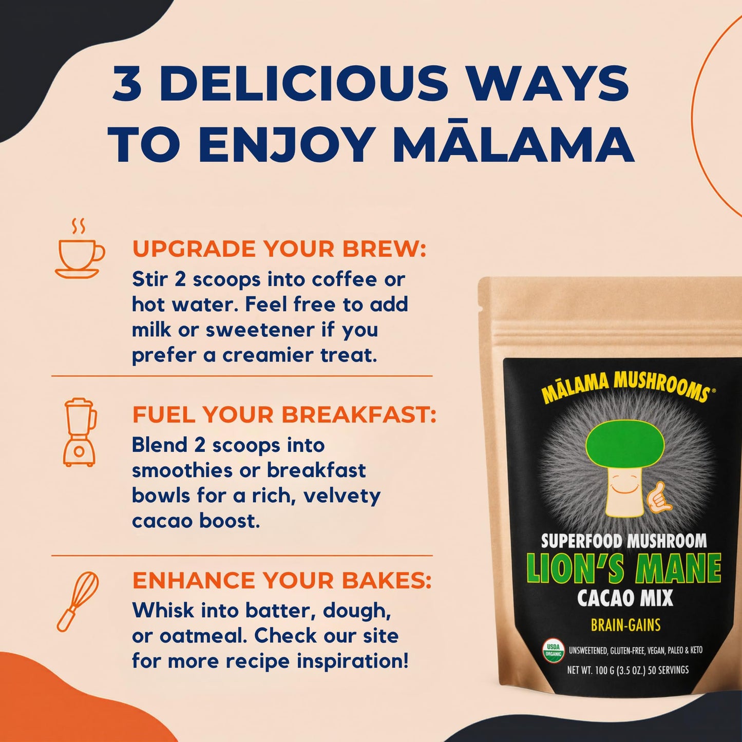 Malama Organic Mushroom Hot Cacao Mix, Lion's Mane Mushroom Powder with Fair Trade Cacao for Focus, Memory, & Immune Support – Vegan Superfood, Non GMO, 3.5 oz (50 Servings)
