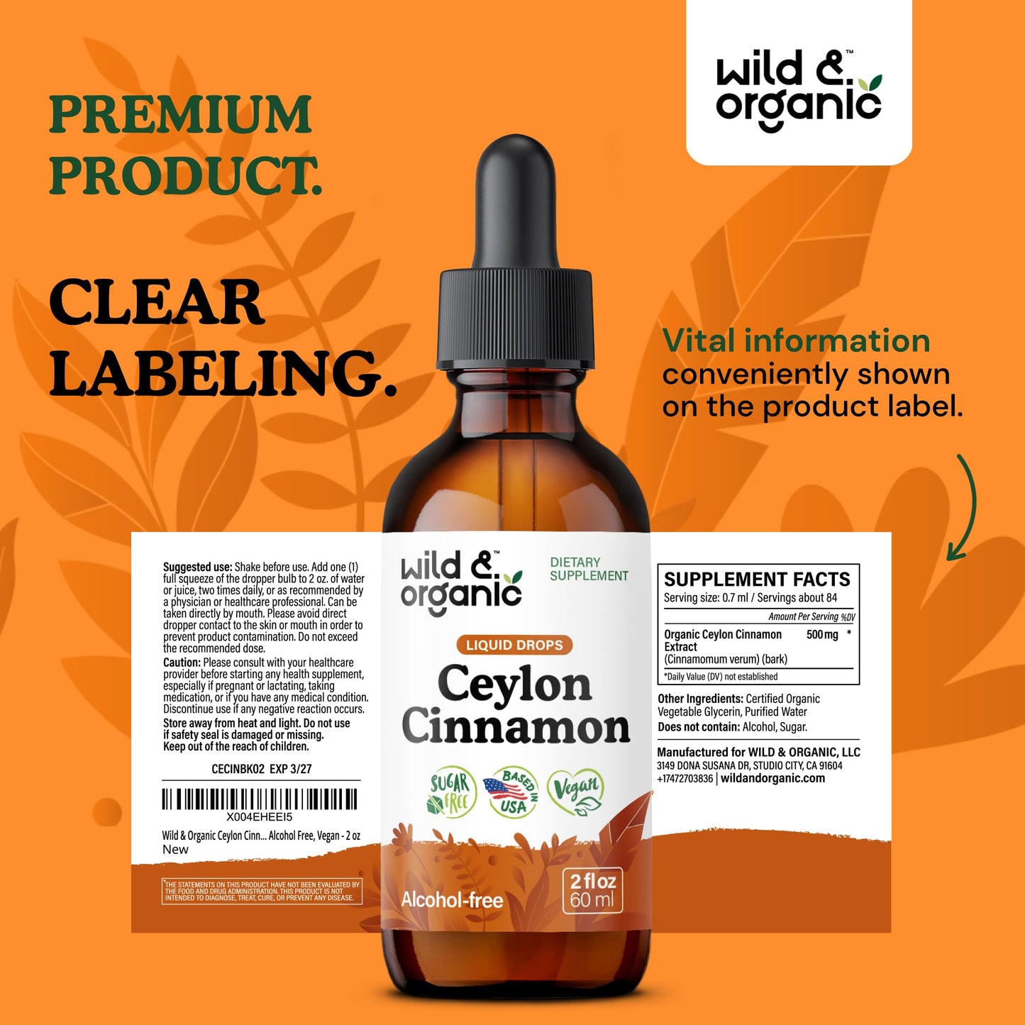 Wild & Organic Ceylon Cinnamon Supplements 500mg - Antioxidant Support - Ceylon Cinnamon Drops - Add to Tea Liquid Extract - Cinnamomum Verum Bark - Unflavored, Sugar & Alcohol-Free Tincture - 4 fl oz