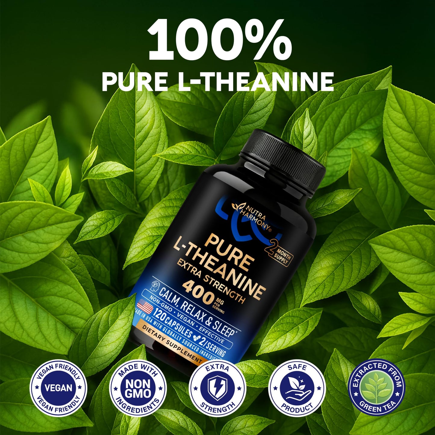 L Theanine 400 mg | L-Theanine Stress Relief | Extra Strength Supplement | Lab Tested | Relaxation, Sleep & Calm Support | For Men & Women | Plant Based, Non-GMO & Gluten-Free | 120 Vegan Capsules