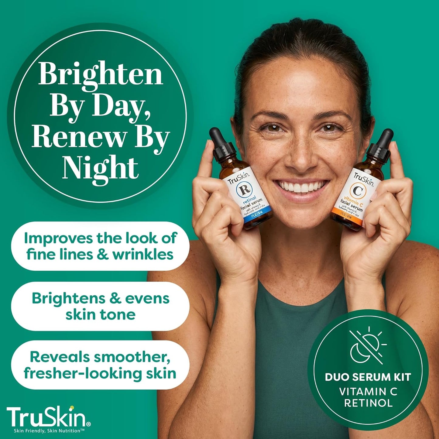 TruSkin Face Serum Duo - Vitamin C Serum & Retinol Serum for Face - AM & PM Anti Aging Skincare Routine - Brightening & Smoothing Facial Serums, 1 fl oz Each