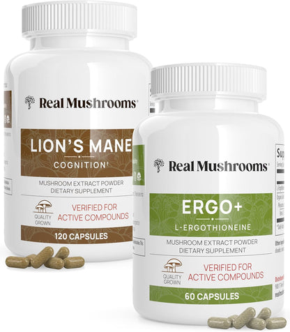 Real Mushrooms Ergothioneine (60ct) and Lions Mane (120ct) Bundle with Shiitake and Oyster Mushroom Extracts - Longevity and Cognition - Vegan, Gluten Free, Non-GMO