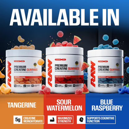 RAW Nutrition Creatine Gummies, Blue Raspberry, 5g Creatine Monohydrate, Supports Strength & High-Intensity Performance, No Mixing Chewable Pre/Post Workout Supplement, 120 Gummies (30 Servings)