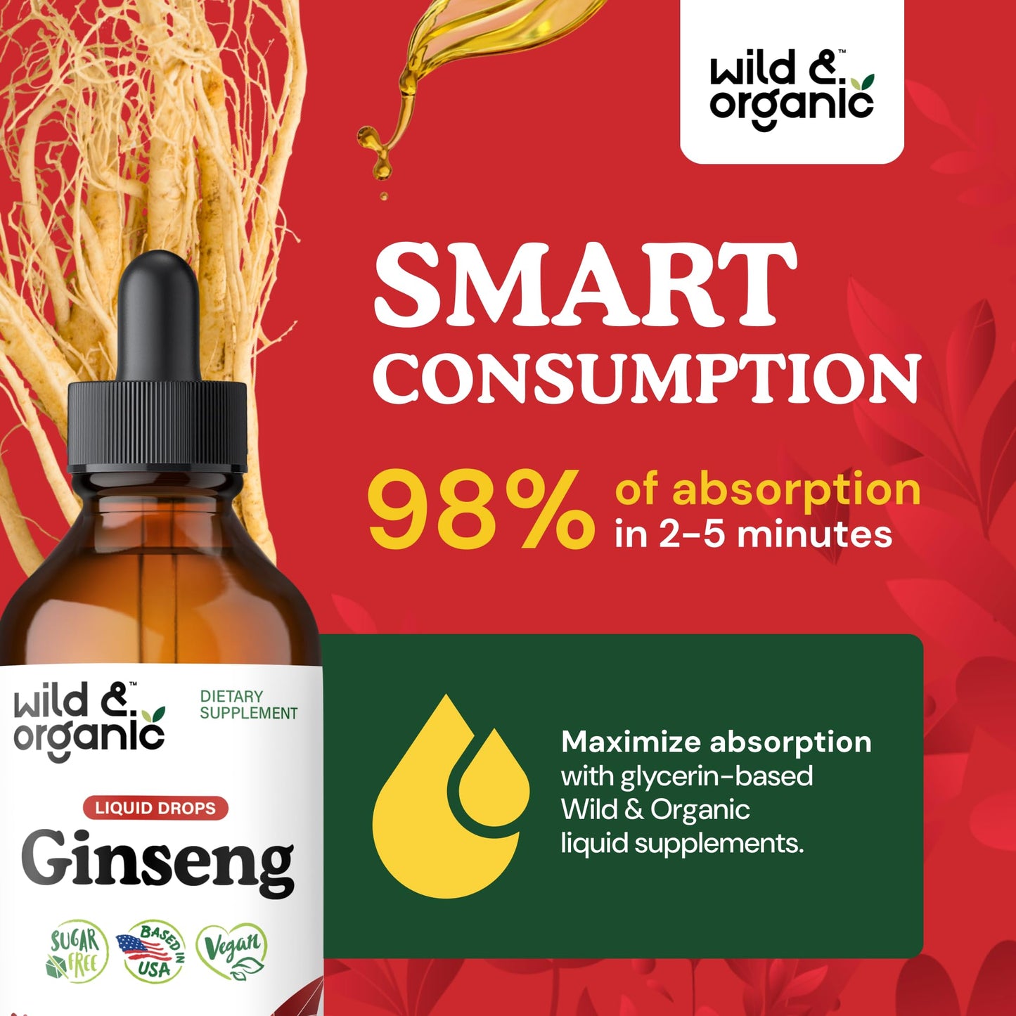 Wild & Organic Korean Panax Ginseng Extract Liquid Drops - Immune & Energy Support - Red Ginseng Root Supplement - Easy to Add to Tea - Vegan, Sugar & Alcohol-Free Tincture - 4 fl oz