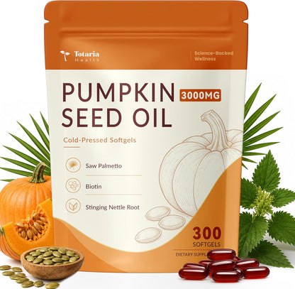 Pumpkin Seed Oil with Saw Palmetto Capsules for Men & Women – Biotin Stinging Nettle Root Zinc – DHT Blocker & Hair Growth Support – Cold Pressed,Essential Fatty Acids & Phytosterols – 300 Softgels
