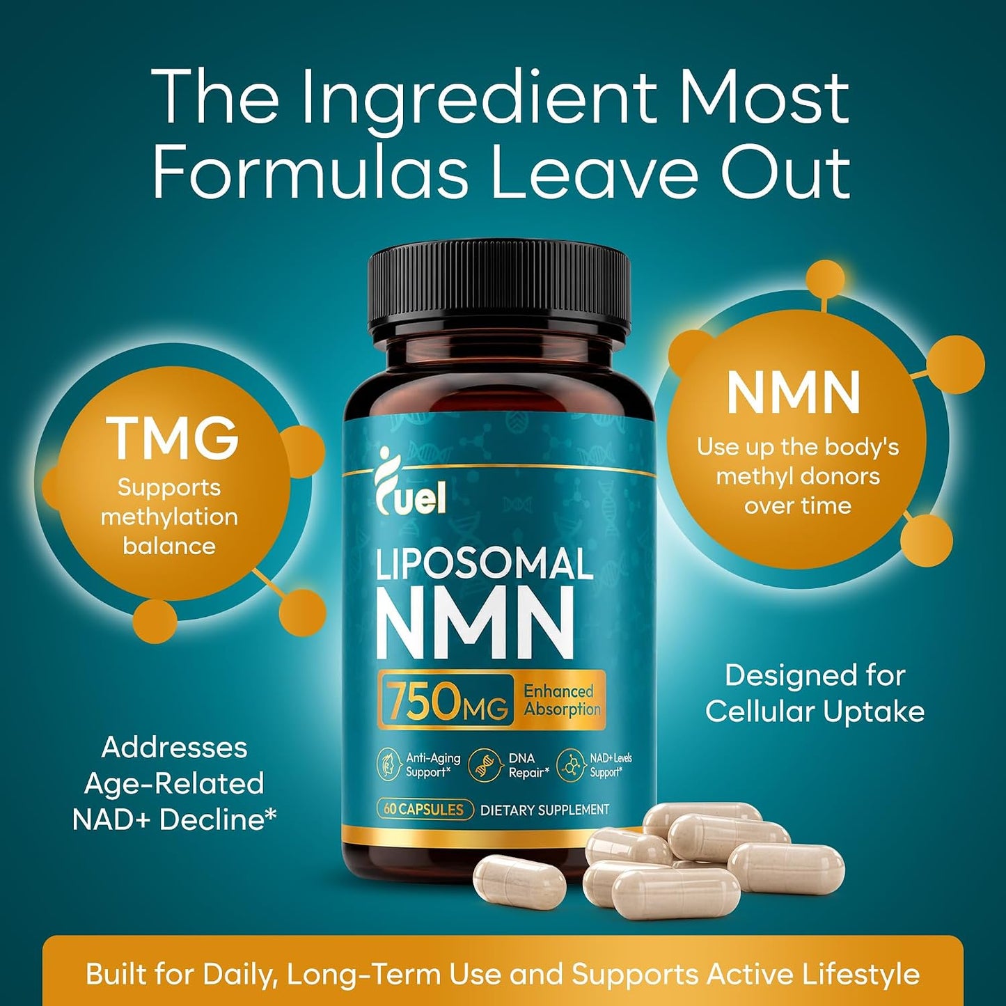 Fuel Liposomal NMN 750mg per Serving (500mg NMN + 250mg TMG) – Enhanced Absorption Nicotinamide Mononucleotide Supplement – NAD+ Support, 60 Capsules, Non-GMO, Lab Tested