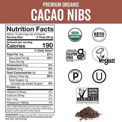Viva Naturals Organic Cacao Nibs, Unsweetened, 1 LB (454 g), Keto Friendly, Vegan, Non-GMO, Gluten-Free Crunchy Chocolate Chip Substitute