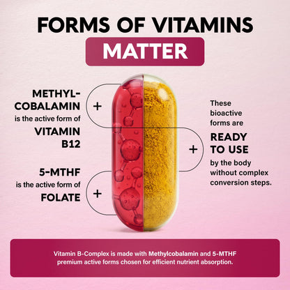 Vitamin B Complex for Men & Women - Made in USA - 11-in-1 B-Complex: B1, B2, B3, B5, B6, B7, B8, B9, B12 with Vitamin C, Choline, Inositol - Energy, Brain & Heart Support Supplement, 60 Vegan Capsules