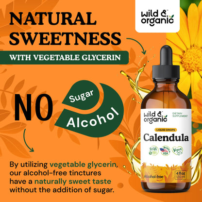 Wild & Organic Calendula Flowers Supplement - Antioxidant, Immune & Skin Support - Add to Tea Extract Drops - Calendula Herb Tincture - Vegan, Alcohol & Sugar-Free - 4 fl oz