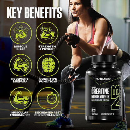 NutraBio Pure Micronized Creatine Monohydrate Capsules, Creatine Pills, Supports Bulk Muscle Energy, Recovery, and Strength - Keto Friendly, Kosher, Creatine Nutritional Supplement for Men and Women