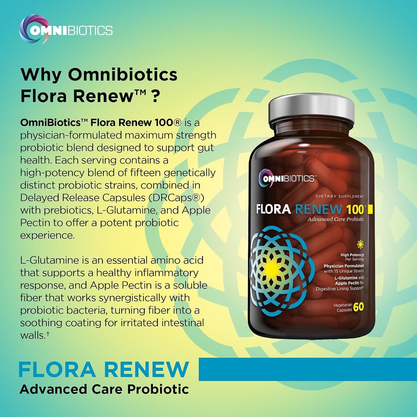 100 Billion Probiotics - 15-Strain Probiotic for Women & Men, DRCaps Delayed Release, Prebiotics, L-Glutamine, Apple Pectin, Gut Lining Support, Shelf Stable, Non-GMO, 60 Vegan Capsules for Adults