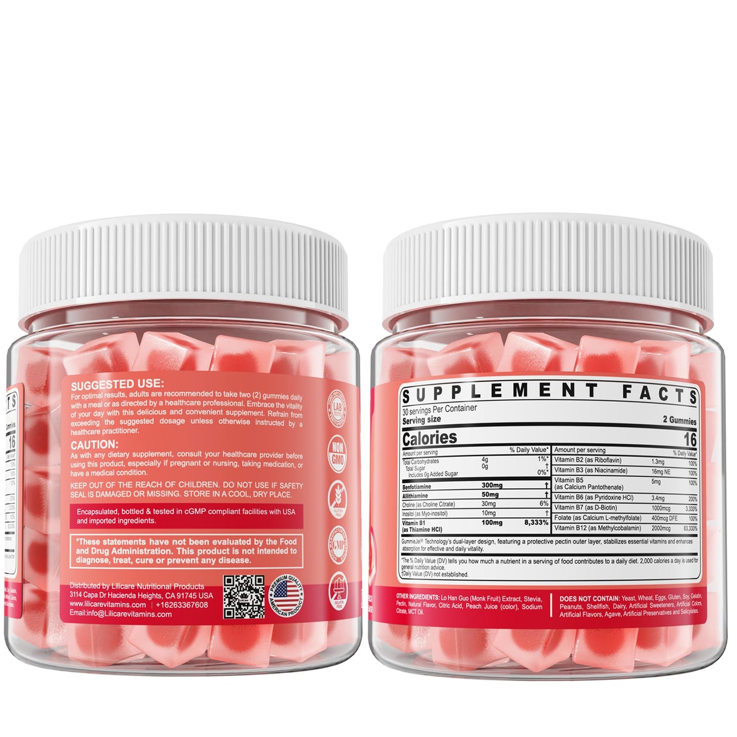 Vitamin B1 & Methylated Vitamin B Complex Gummies, GLP-1 Friendly B Vitamins + Benfotiamine + Thiamine & Inositol, B1 B2 B6 Multivitamins, L-methylfolate, Methyl B12 for Nerve Cognition Energy, 60 Cts